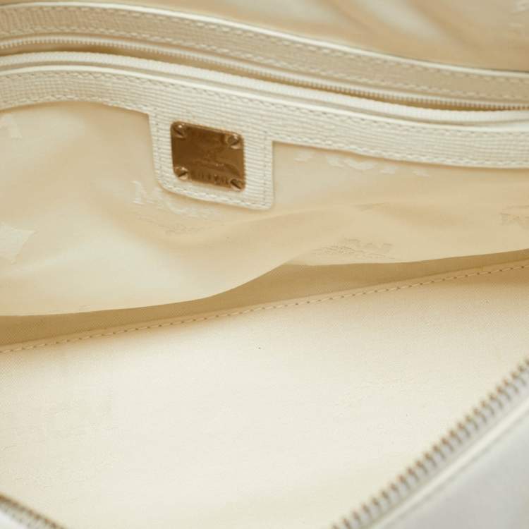 Pre Owned MCM Enamel Logo White Leather Zip Satchel