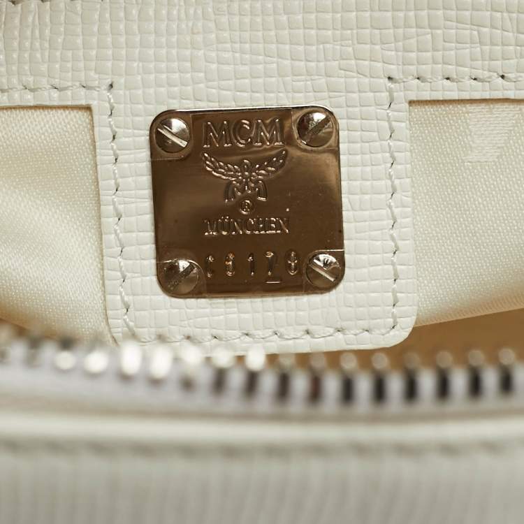 Pre Owned MCM Enamel Logo White Leather Zip Satchel