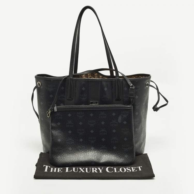 Pre Owned MCM Liz Reversible Black Visetos Coated Canvas and Fabric Tote