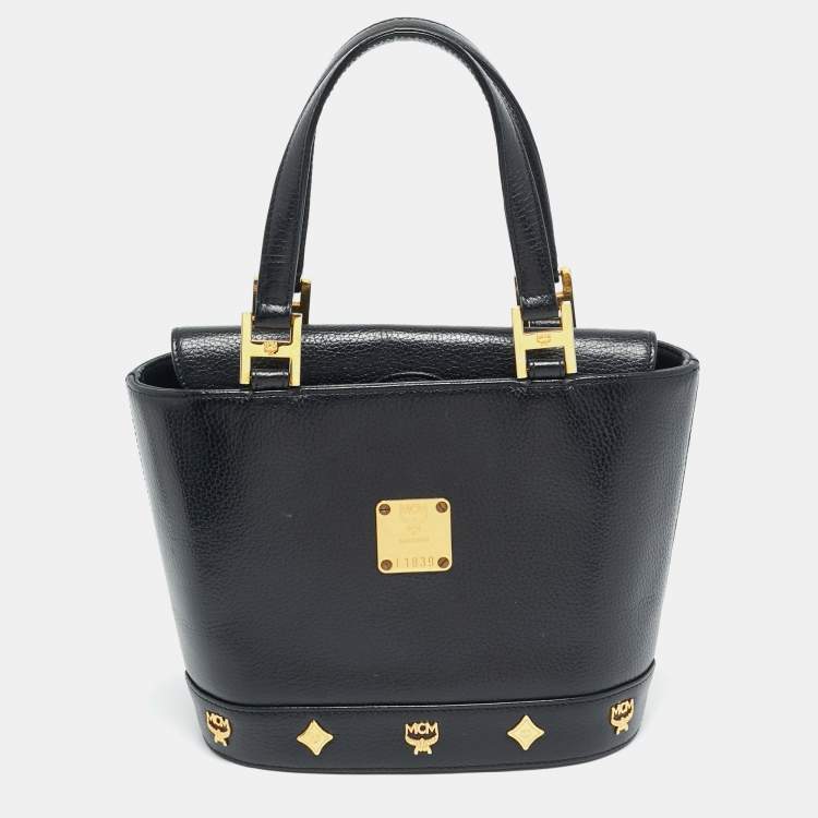 Pre Owned MCM Flap Studded Black Leather Bucket Tote