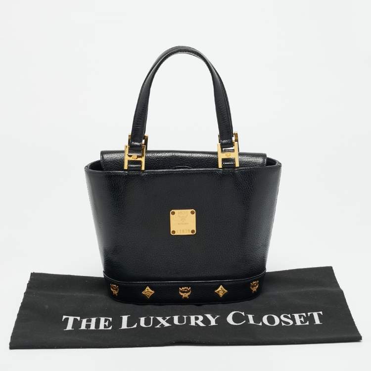 Pre Owned MCM Flap Studded Black Leather Bucket Tote