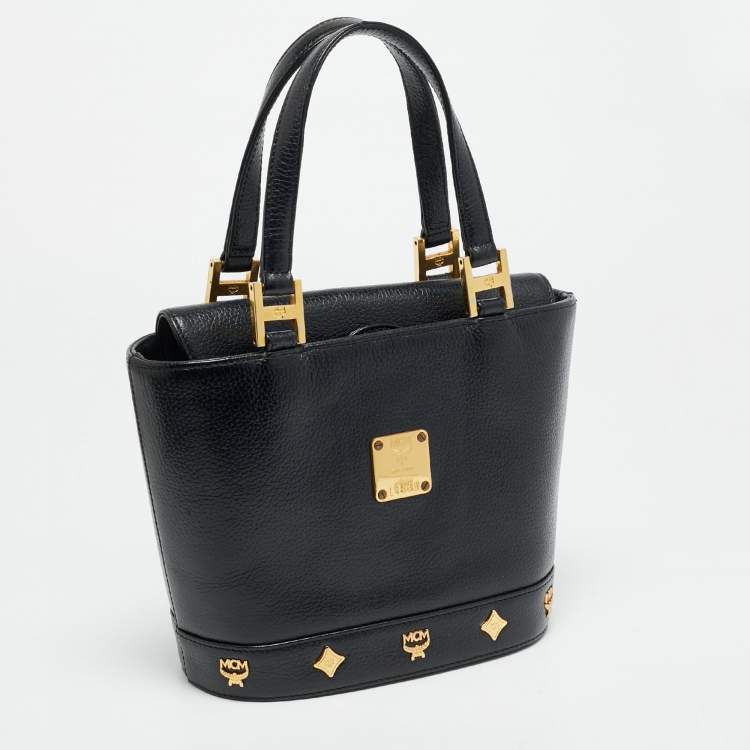 Pre Owned MCM Flap Studded Black Leather Bucket Tote