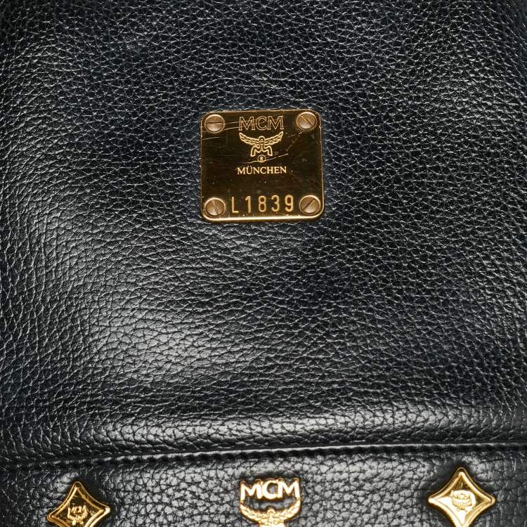 Pre Owned MCM Flap Studded Black Leather Bucket Tote