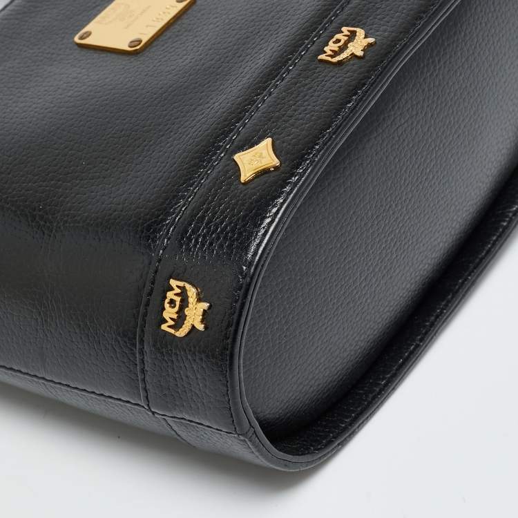 Pre Owned MCM Flap Studded Black Leather Bucket Tote