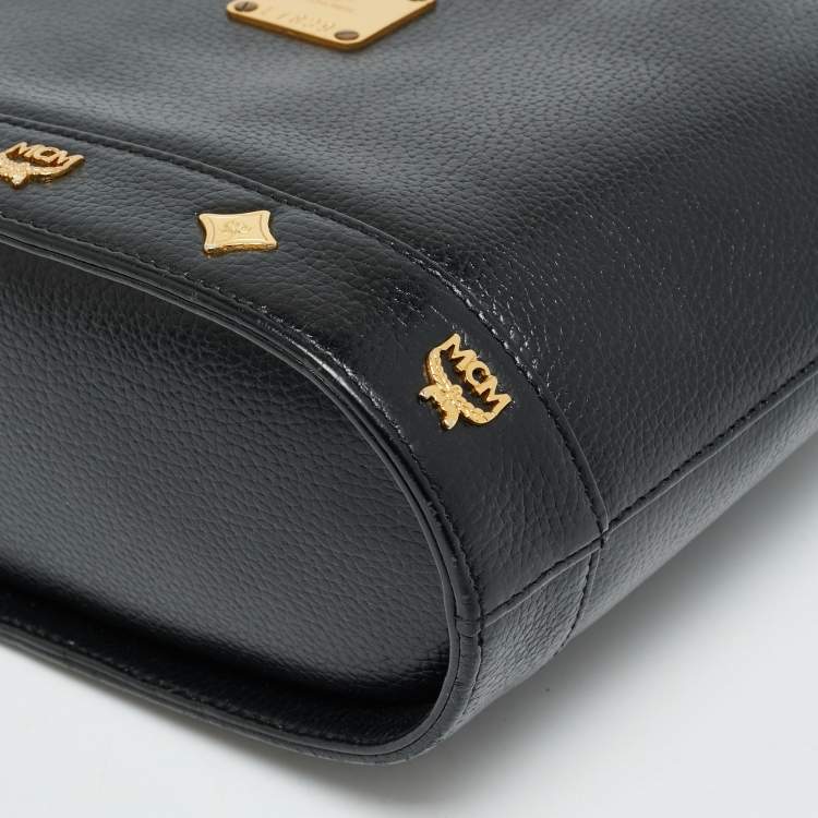 Pre Owned MCM Flap Studded Black Leather Bucket Tote