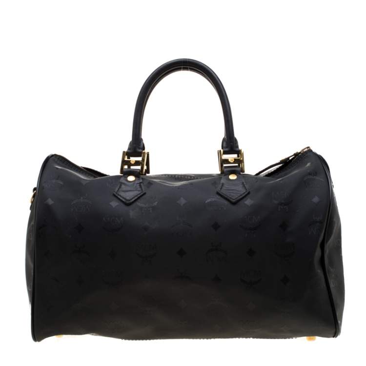 Pre Owned MCM Black Signature Visetos Nylon and Leather Heritage Boston Bag