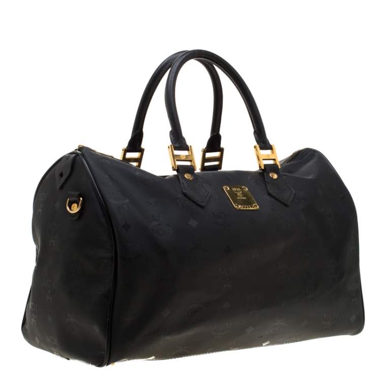 Pre Owned MCM Black Signature Visetos Nylon and Leather Heritage Boston Bag
