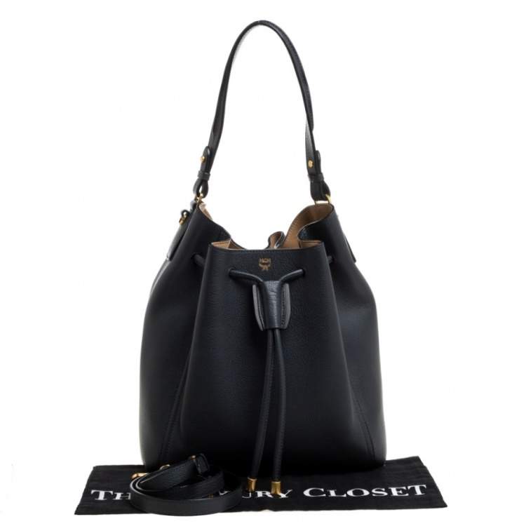 Pre Owned MCM Shadow Grey Leather Drawstring Bag