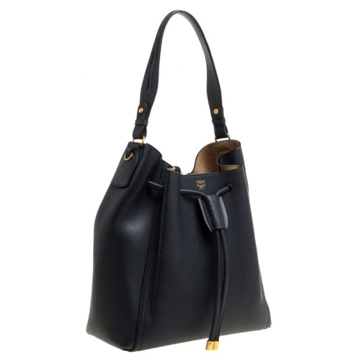 Pre Owned MCM Shadow Grey Leather Drawstring Bag