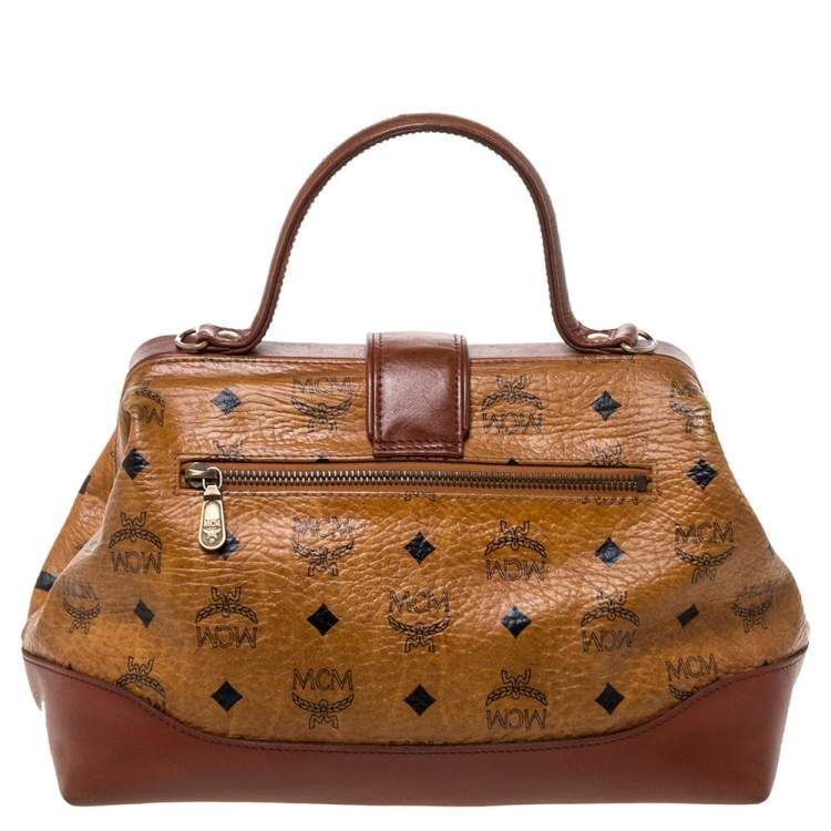 Pre Owned MCM Cognac/Brown Visetos Coated Canvas and Leather Frame Satchel