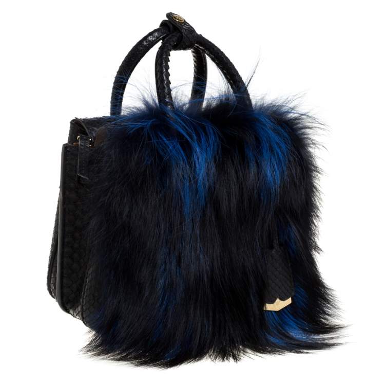 مملوكة مسبقًا MCM Black/Blue Snakeskin and Fur Mini Milla Tote