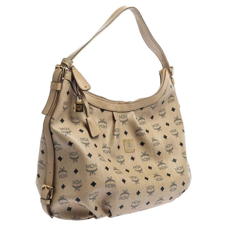 Pre Owned MCM Beige Visetos Coated Canvas and Leather Essential Hobo