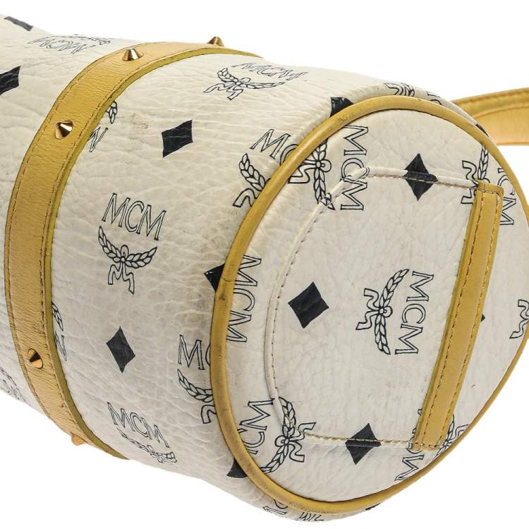 Pre Owned MCM White/Yellow Visetos Coated Canvas and Leather Mini Rolle Boston Bag
