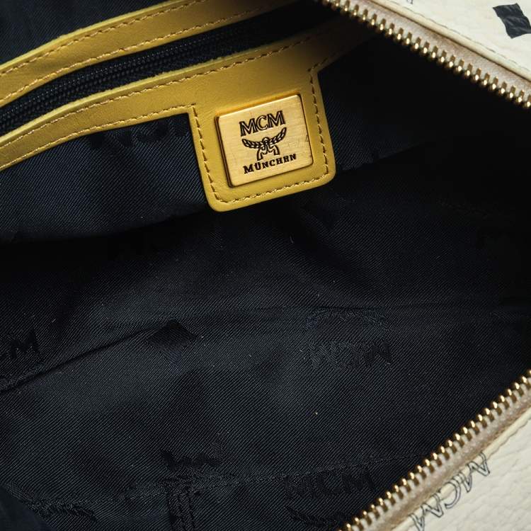 Pre Owned MCM White/Yellow Visetos Coated Canvas and Leather Mini Rolle Boston Bag