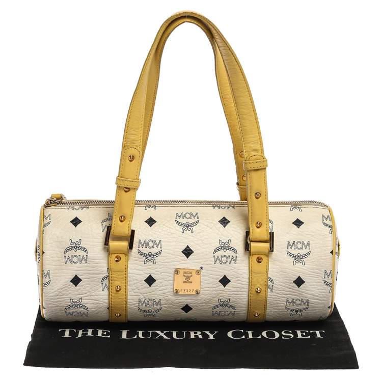Pre Owned MCM White/Yellow Visetos Coated Canvas and Leather Mini Rolle Boston Bag