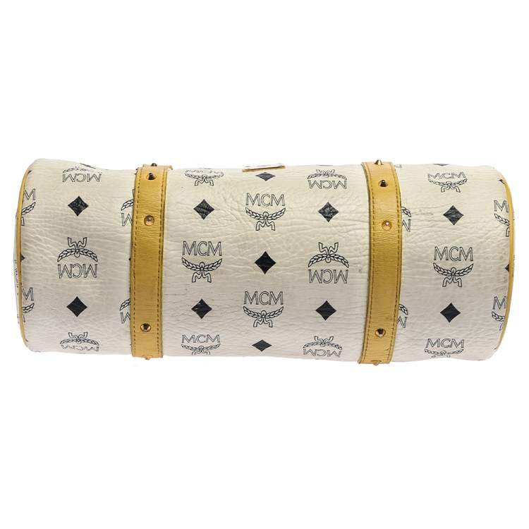 Pre Owned MCM White/Yellow Visetos Coated Canvas and Leather Mini Rolle Boston Bag