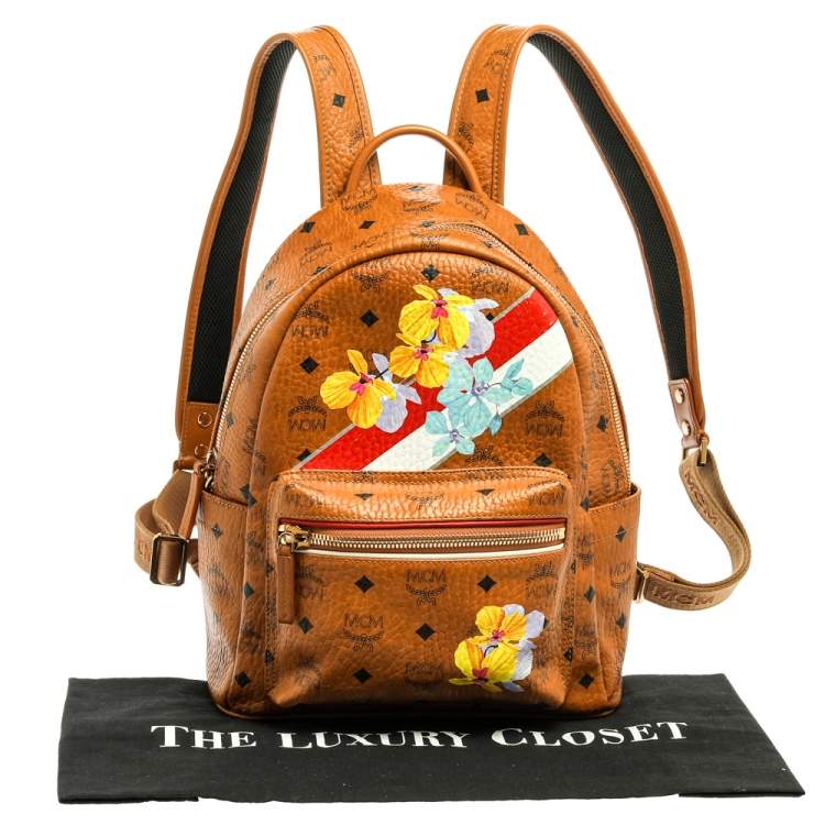 Pre Owned MCM Tan Floral Print Coated Canvas Small Stark Backpack