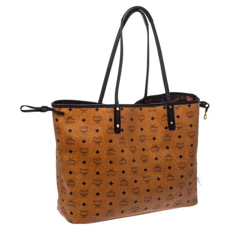 مملوكة مسبقًا MCM Cognac/Black Visetos Coated Canvas And Leather Large Anya Tote