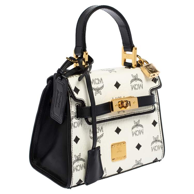 مملوكة مسبقًا MCM White Visetos Coated Canvas and Leather Heritage Top Handle Bag