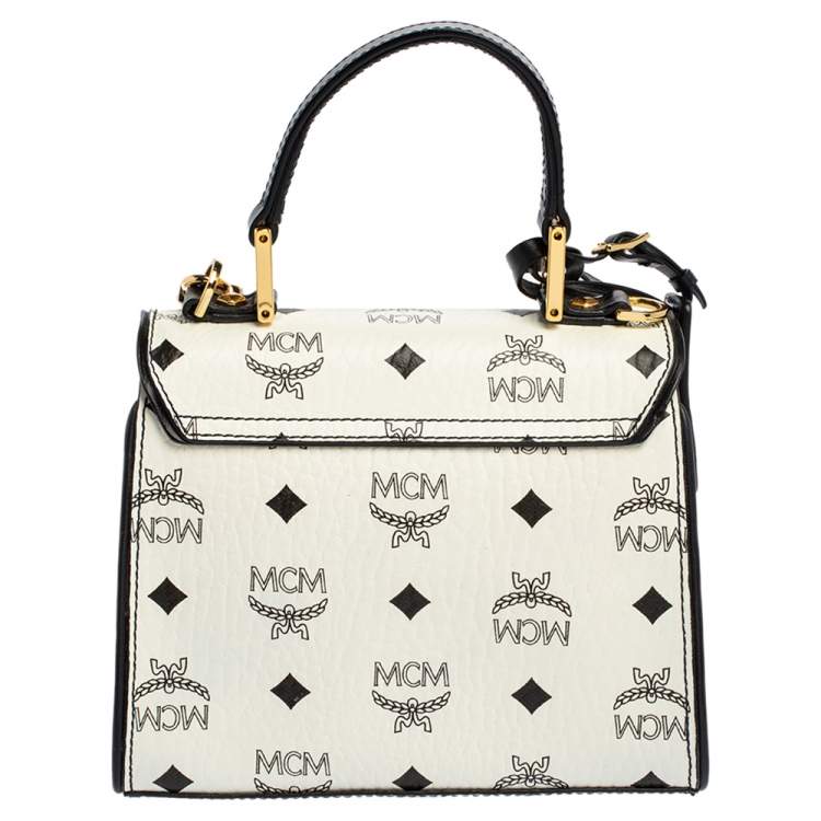 مملوكة مسبقًا MCM White Visetos Coated Canvas and Leather Heritage Top Handle Bag