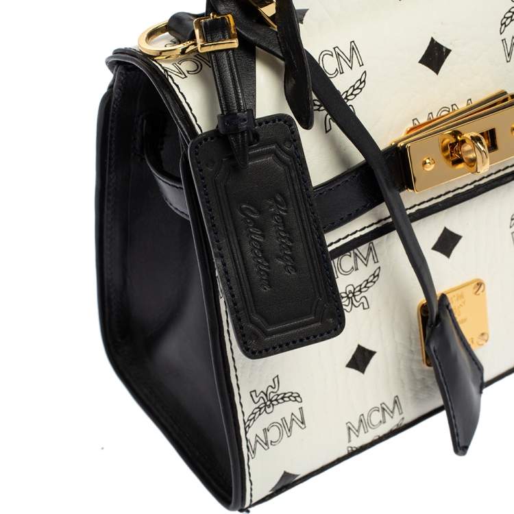 مملوكة مسبقًا MCM White Visetos Coated Canvas and Leather Heritage Top Handle Bag