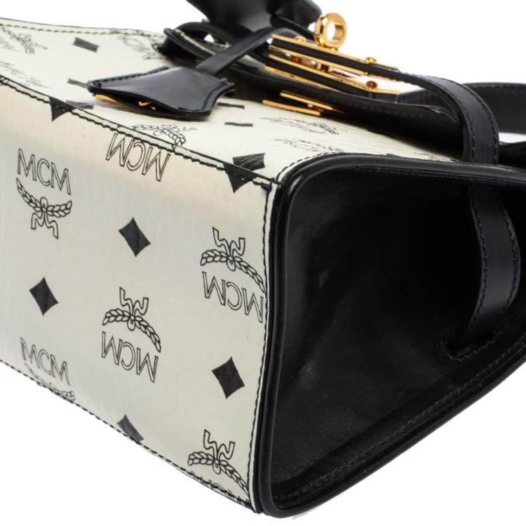 مملوكة مسبقًا MCM White Visetos Coated Canvas and Leather Heritage Top Handle Bag