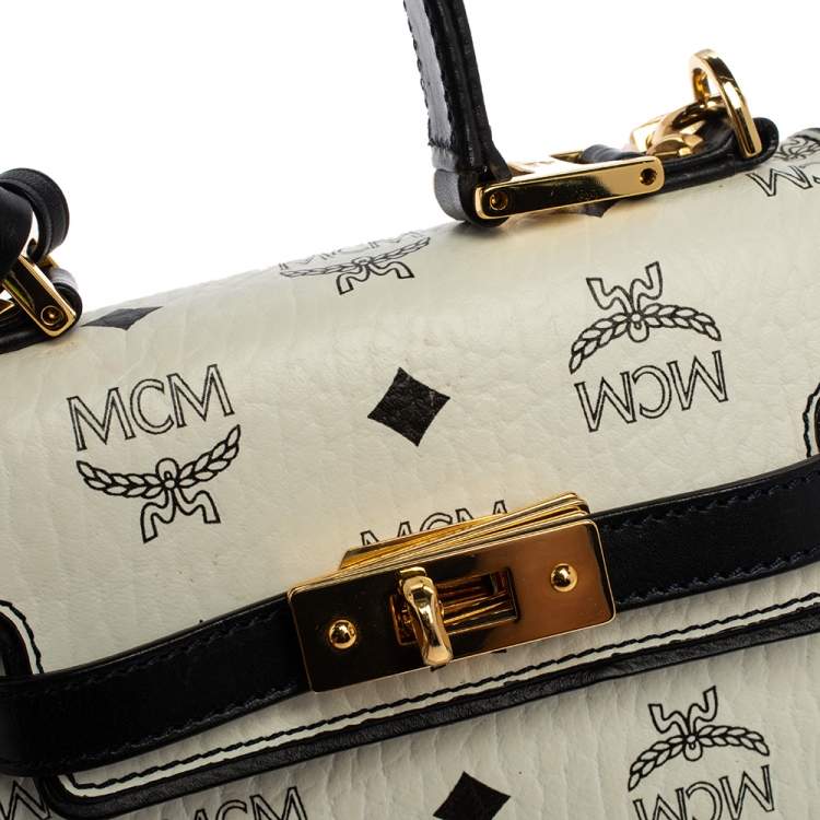 مملوكة مسبقًا MCM White Visetos Coated Canvas and Leather Heritage Top Handle Bag