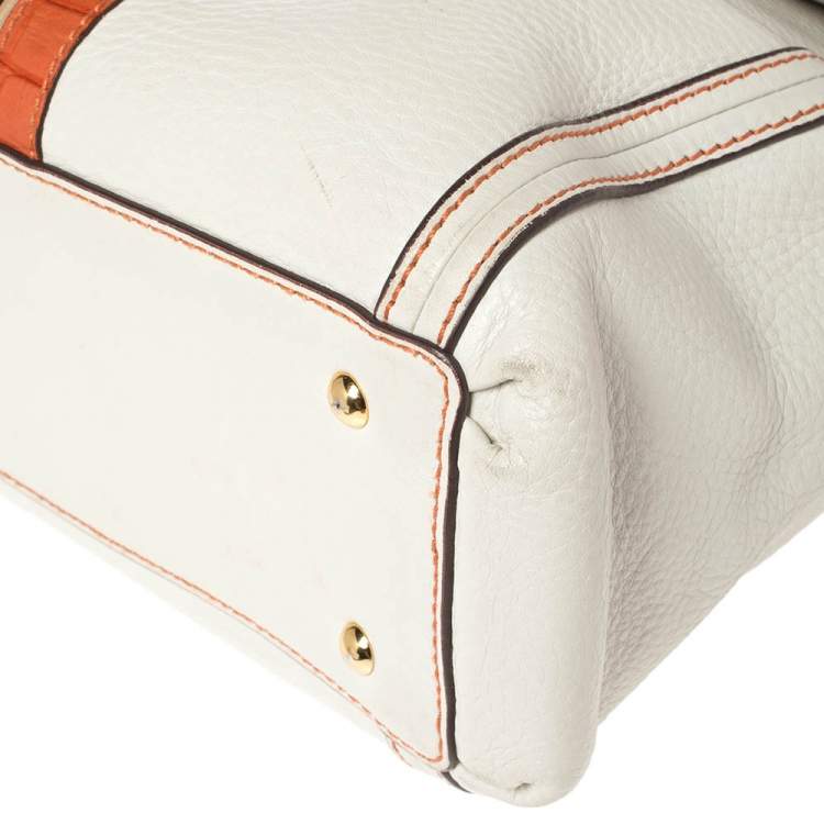Pre Owned MCM White/Orange Leather and Croc Embossed Leather Flap Top Handle Bag