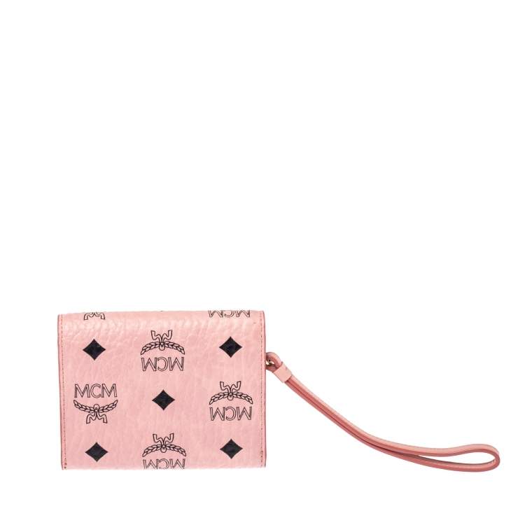 Pre Owned MCM Cognac Pink Visetos Coated Canvas Flap Wristlet Wallet