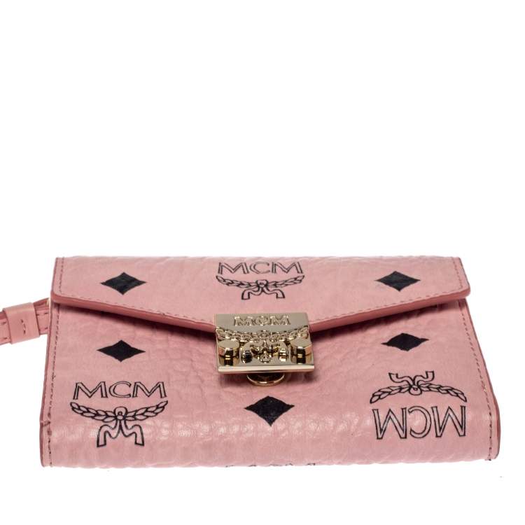 Pre Owned MCM Cognac Pink Visetos Coated Canvas Flap Wristlet Wallet