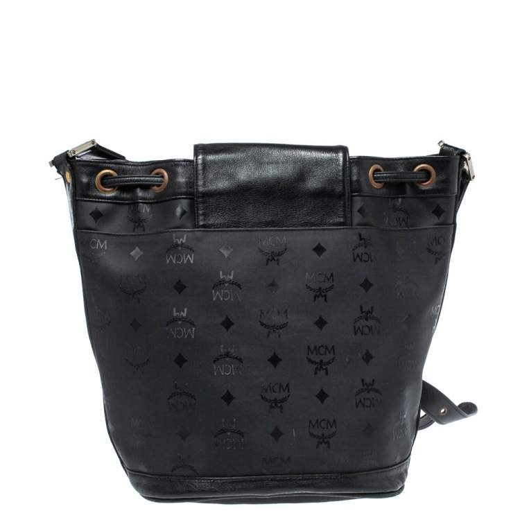 Pre Owned MCM Black Signature Nylon and Leather Drawstring Flap Bucket Bag