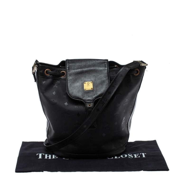 Pre Owned MCM Black Signature Nylon and Leather Drawstring Flap Bucket Bag