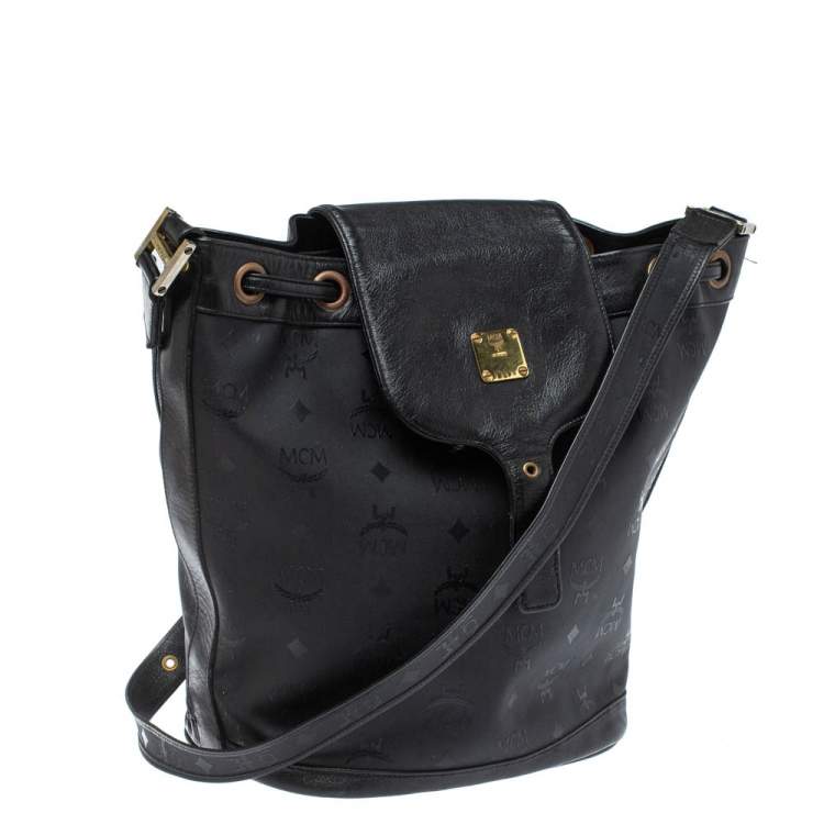 Pre Owned MCM Black Signature Nylon and Leather Drawstring Flap Bucket Bag
