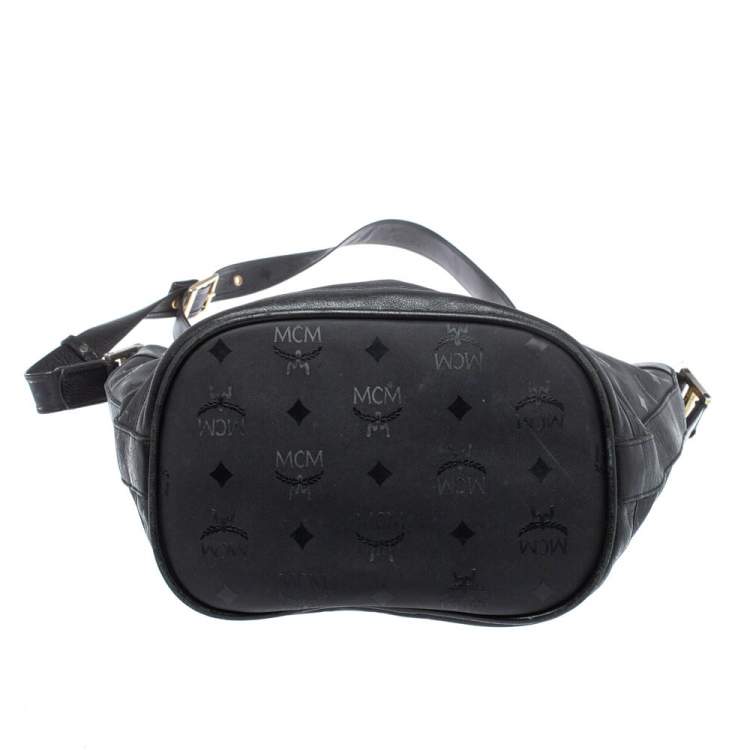 Pre Owned MCM Black Signature Nylon and Leather Drawstring Flap Bucket Bag