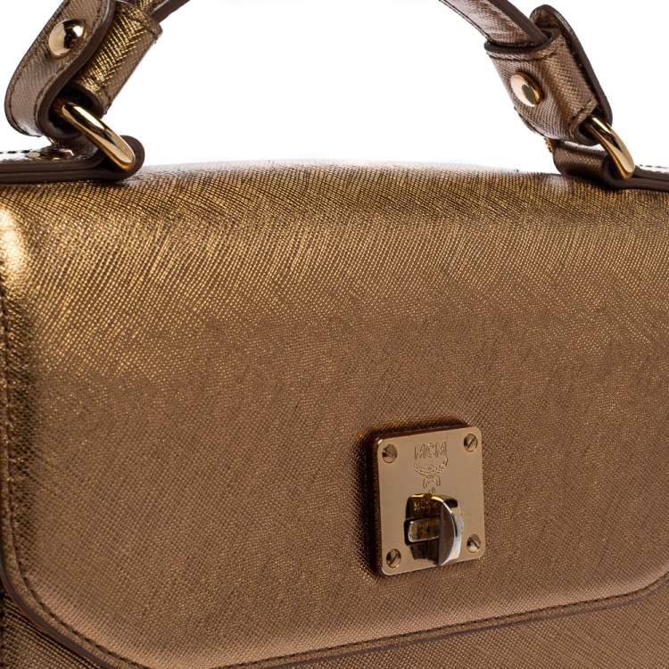 Pre Owned MCM Metallic Gold Leather Flap Top Handle Bag