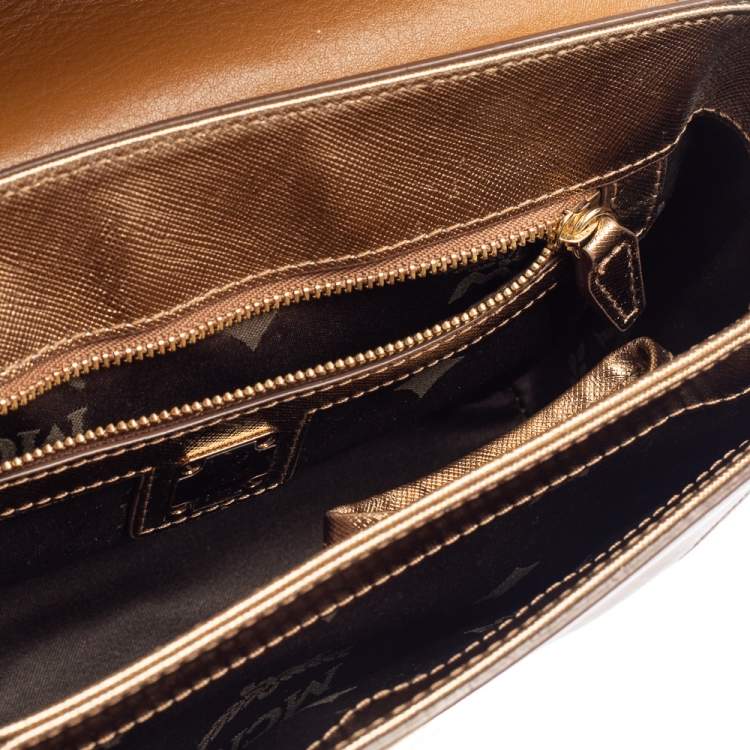 Pre Owned MCM Metallic Gold Leather Flap Top Handle Bag