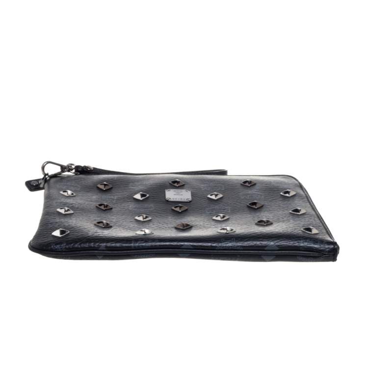 Pre Owned MCM Black Visetos Coated Canvas Studded Wristlet Clutch