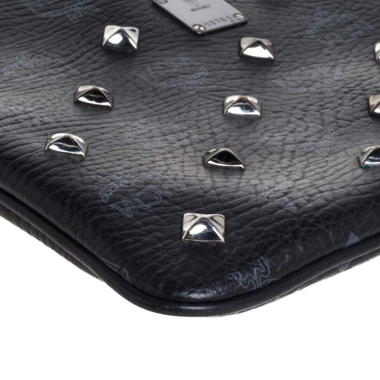 Pre Owned MCM Black Visetos Coated Canvas Studded Wristlet Clutch