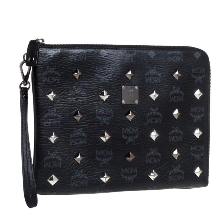 Pre Owned MCM Black Visetos Coated Canvas Studded Wristlet Clutch