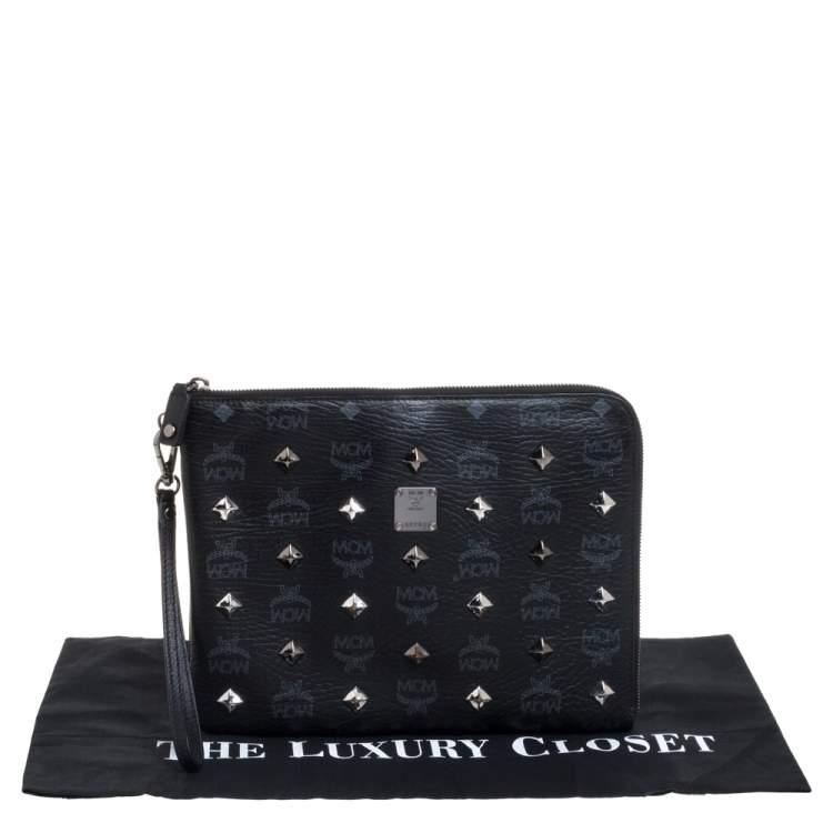 Pre Owned MCM Black Visetos Coated Canvas Studded Wristlet Clutch