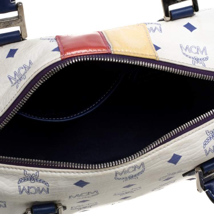 Pre Owned MCM White/Blue Visetos Princess Lion Coated Canvas and Leather Boston Bag