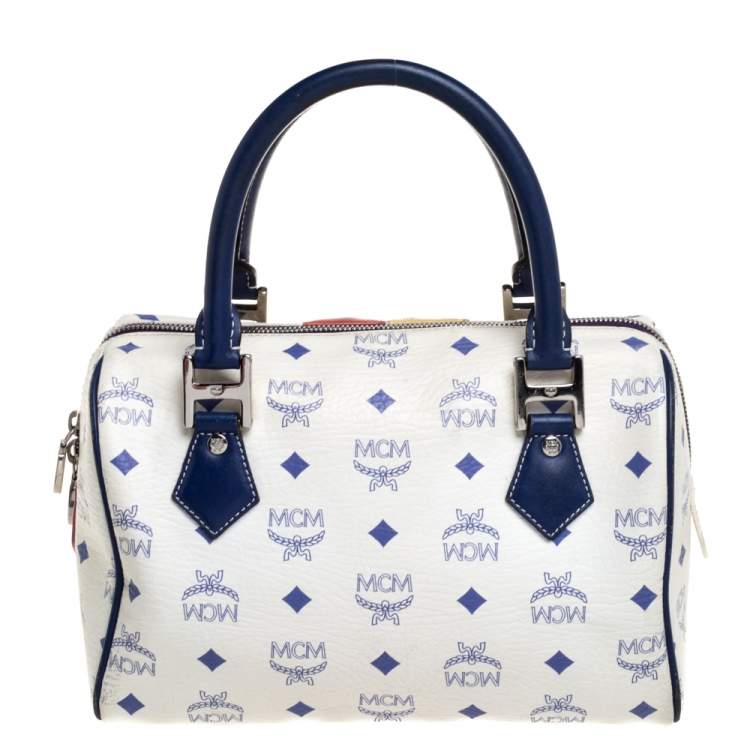 Pre Owned MCM White/Blue Visetos Princess Lion Coated Canvas and Leather Boston Bag