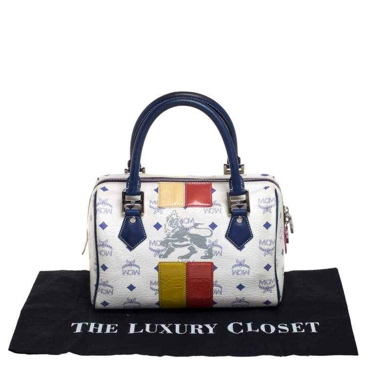 Pre Owned MCM White/Blue Visetos Princess Lion Coated Canvas and Leather Boston Bag