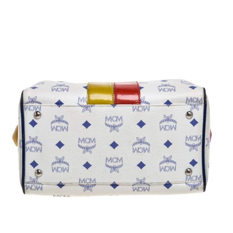 Pre Owned MCM White/Blue Visetos Princess Lion Coated Canvas and Leather Boston Bag