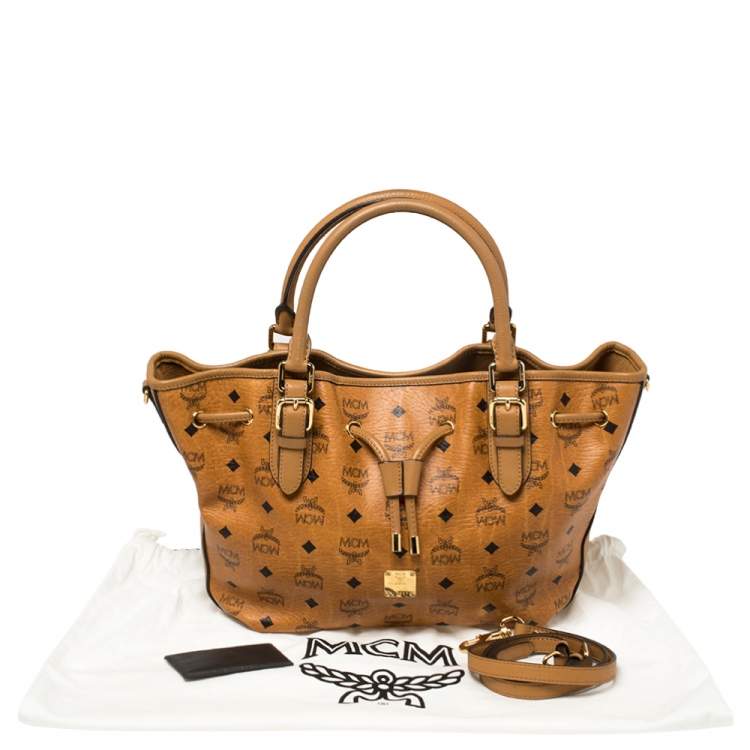 مملوكة مسبقًا MCM Brown Cognac Visetos Coated Canvas Drawstring Bucket Bag