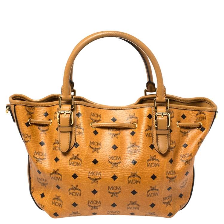 مملوكة مسبقًا MCM Brown Cognac Visetos Coated Canvas Drawstring Bucket Bag