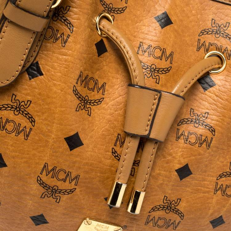 مملوكة مسبقًا MCM Brown Cognac Visetos Coated Canvas Drawstring Bucket Bag