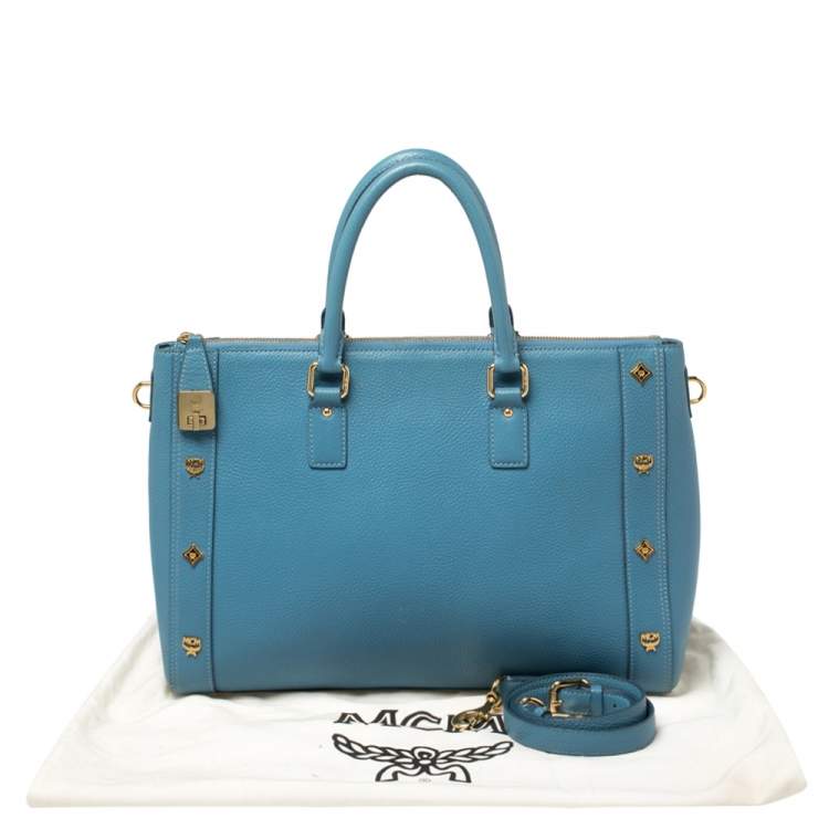 Pre Owned MCM Blue Leather Studded Zip Tote