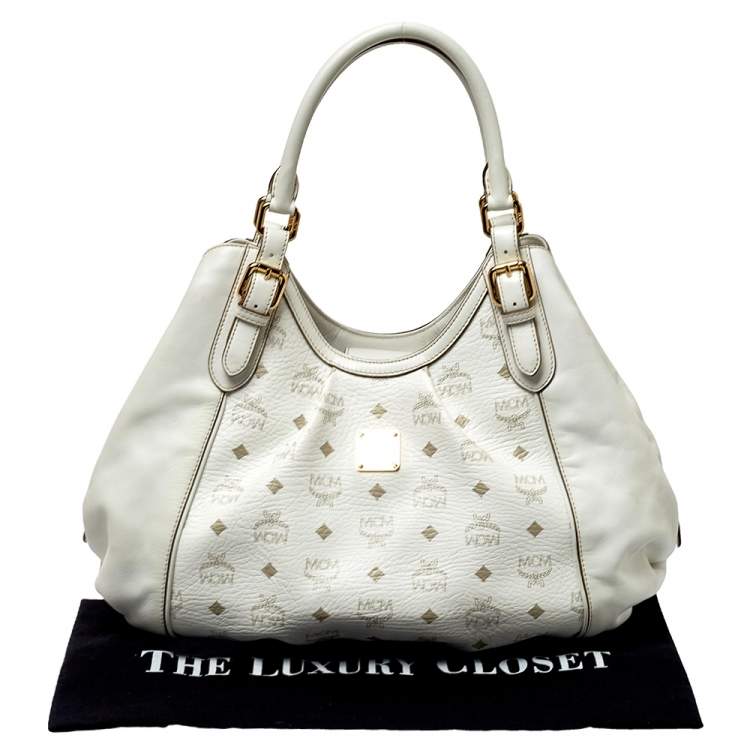 مملوكة مسبقًا MCM White Visetos Coated Canvas and Leather Shoulder Bag