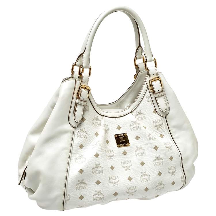 مملوكة مسبقًا MCM White Visetos Coated Canvas and Leather Shoulder Bag